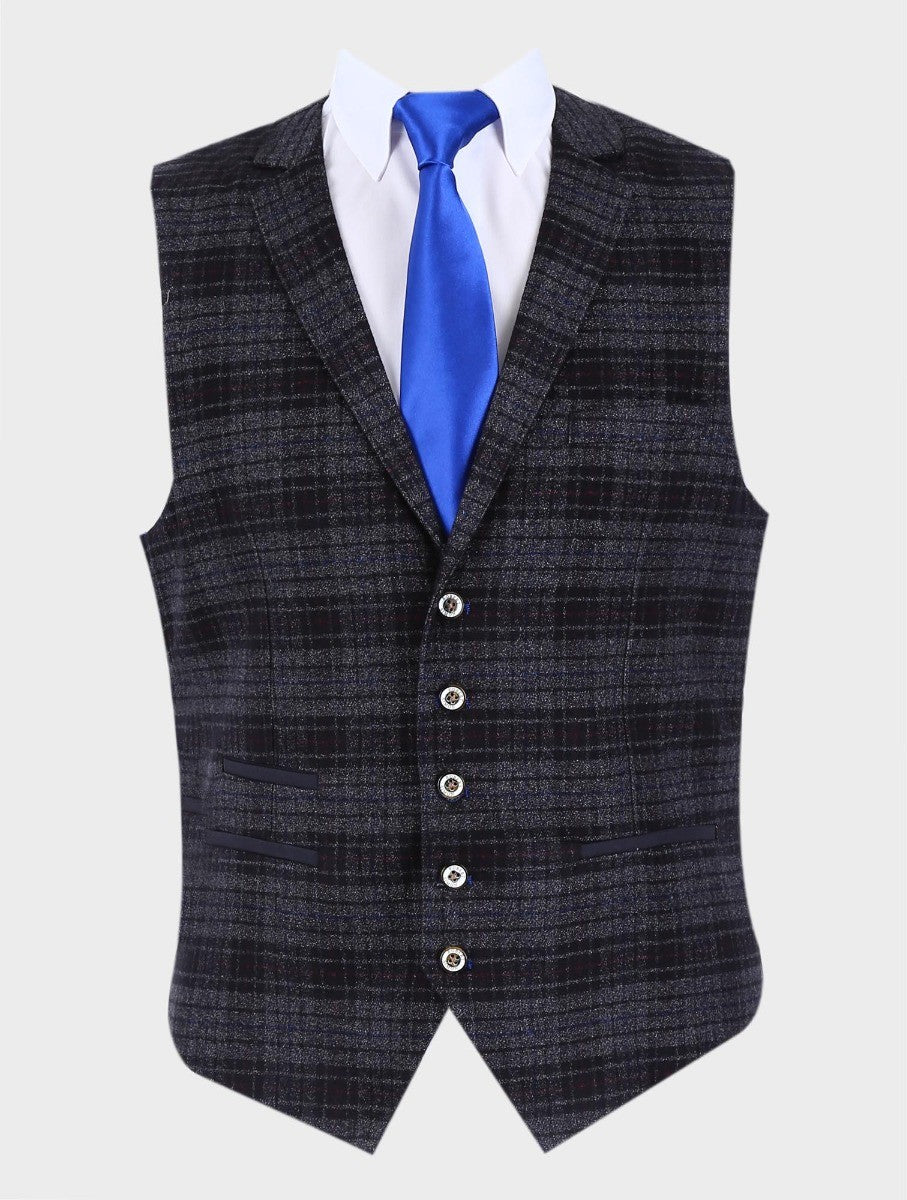 Men's Retro Black Check Slim Fit Waistcoat - GRAVANO - Black