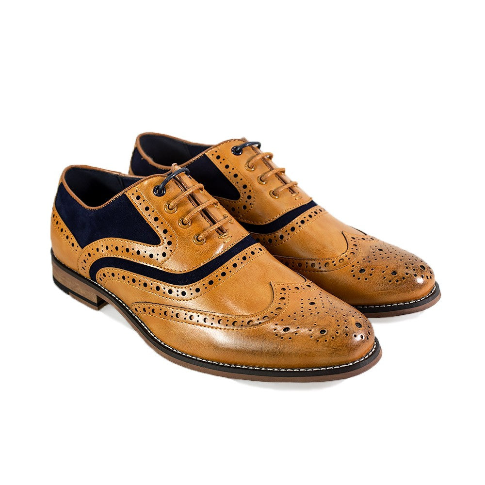 Men's Lace Up Suede & Leather Brogues Shoes -ETHAN - Tan Brown - Navy Blue