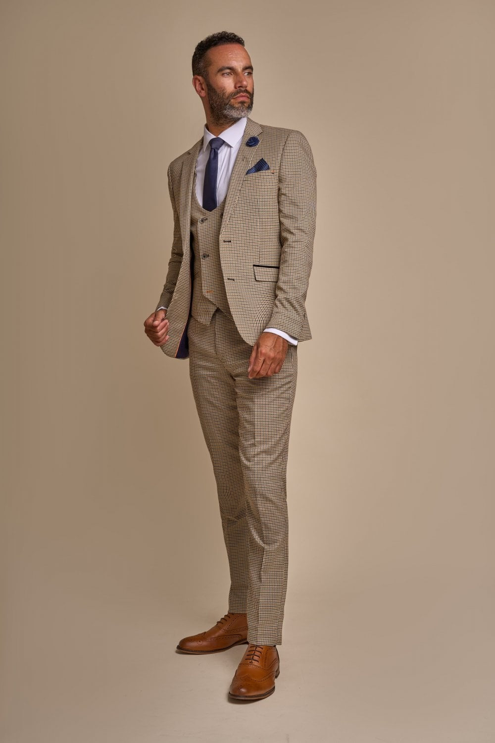 Men's Houndstooth Check Skinny Fit Suit - ELWOOD - Tan Beige