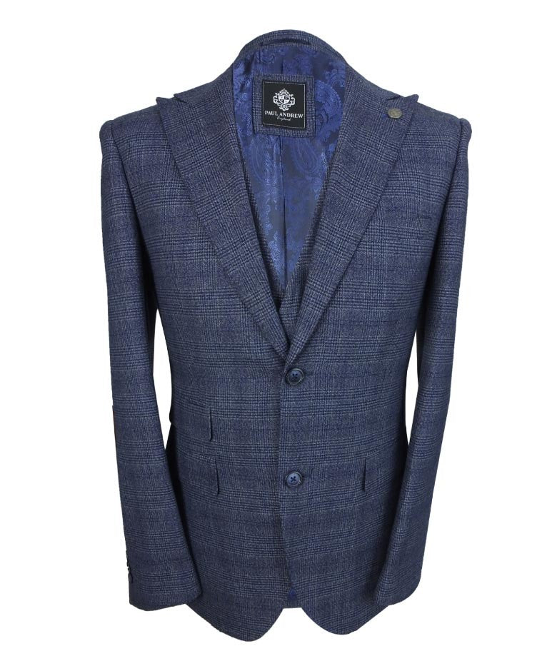 Herren Tweed Karo Blauer Anzug - GRAHAM - Blau