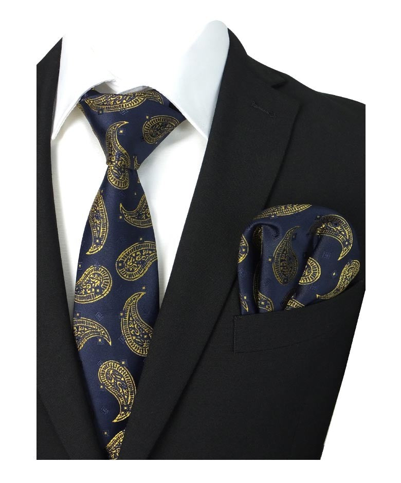 Ensemble Cravate et Mouchoir à Motifs Paisley pour Garçons et Hommes - Bleu Marine - Or