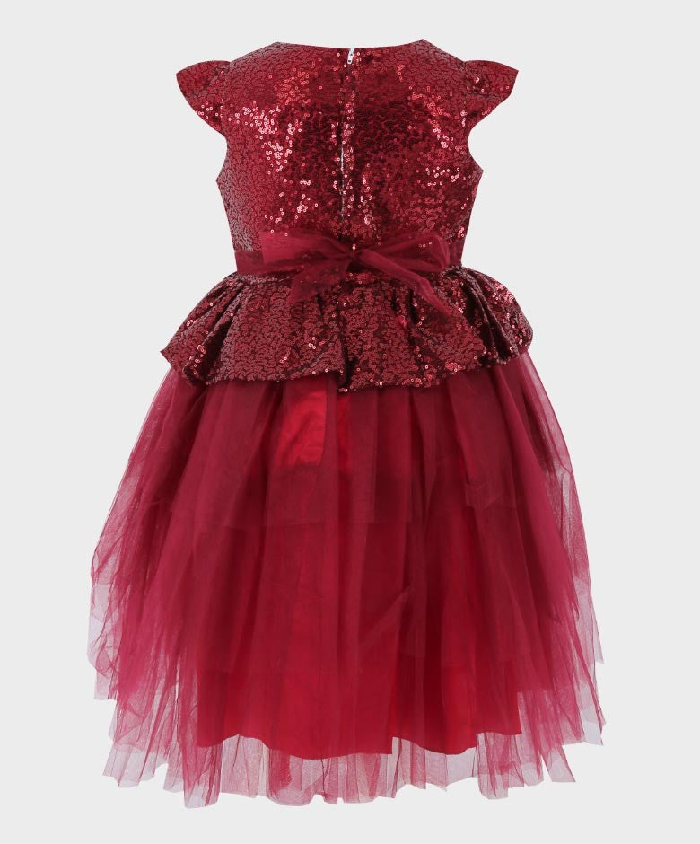 Robe Gonflable à Paillettes et Tulle pour Filles - Rouge Vin