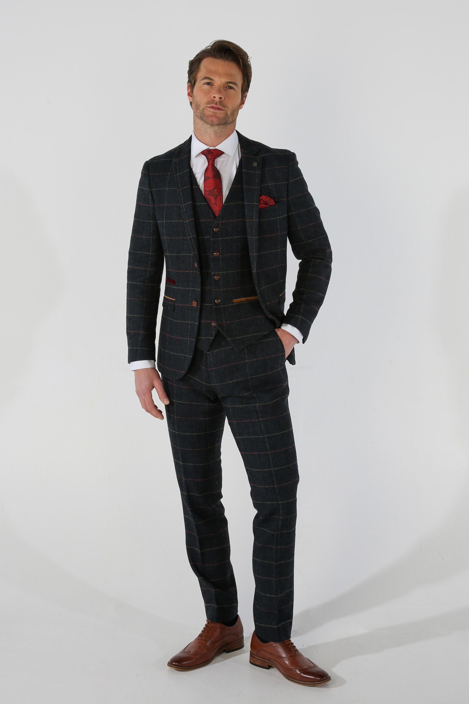 Men's Tweed Check Plaid Navy Suit - THOMAS - Navy Blue