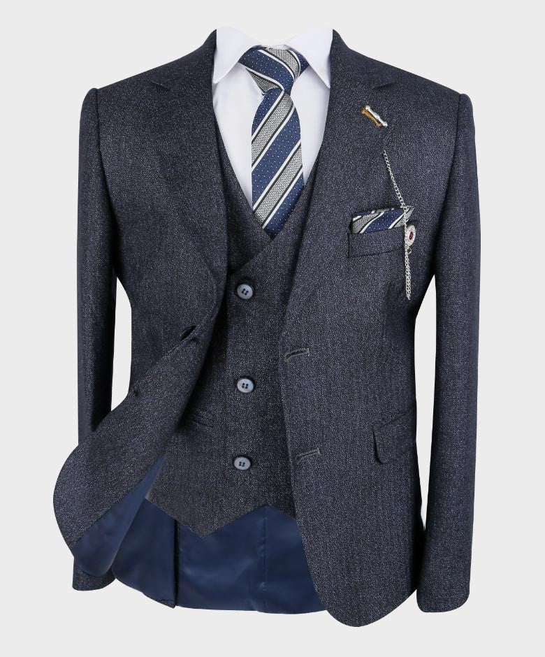 Boys Tailored Fit Herringbone Patterned Suit - TONY - Navy Blue- Grey