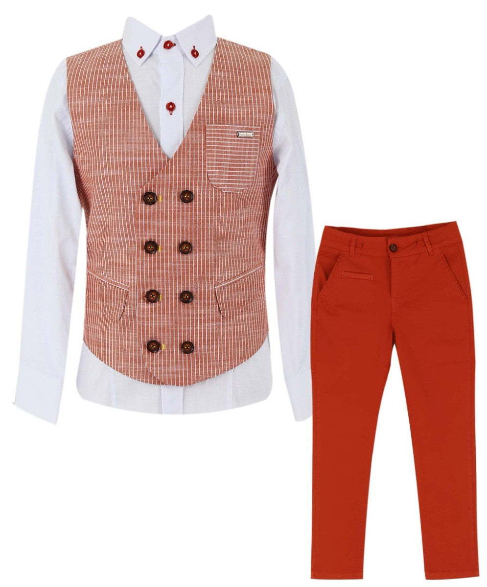 Boys Cotton Linen Pinstrip Waistcoat Suit Set - Red