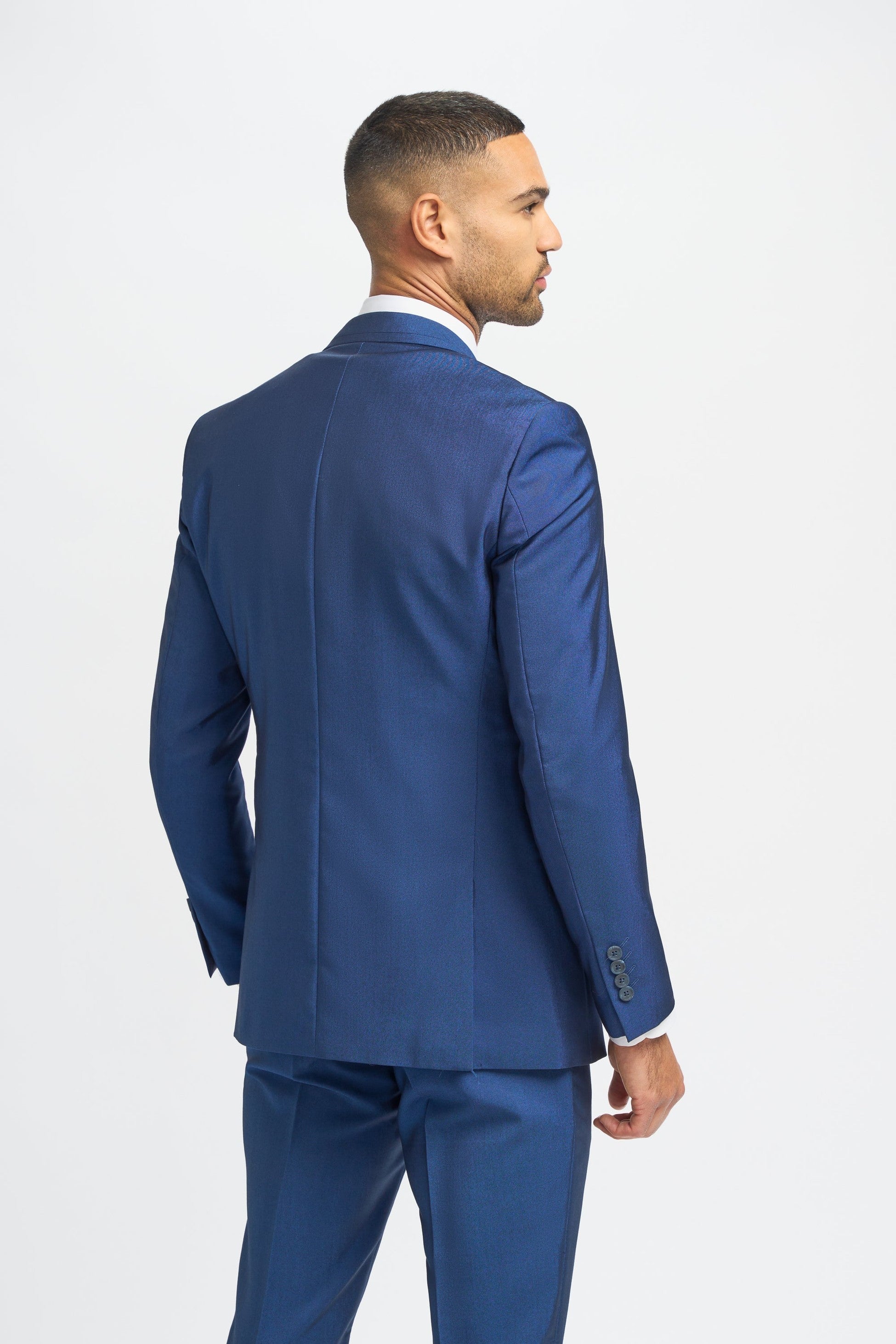 Herren Königsblauer Slim Fit 3-teiliger Anzug mit marineblauer Fensterrahmen Tweed Weste - Blau