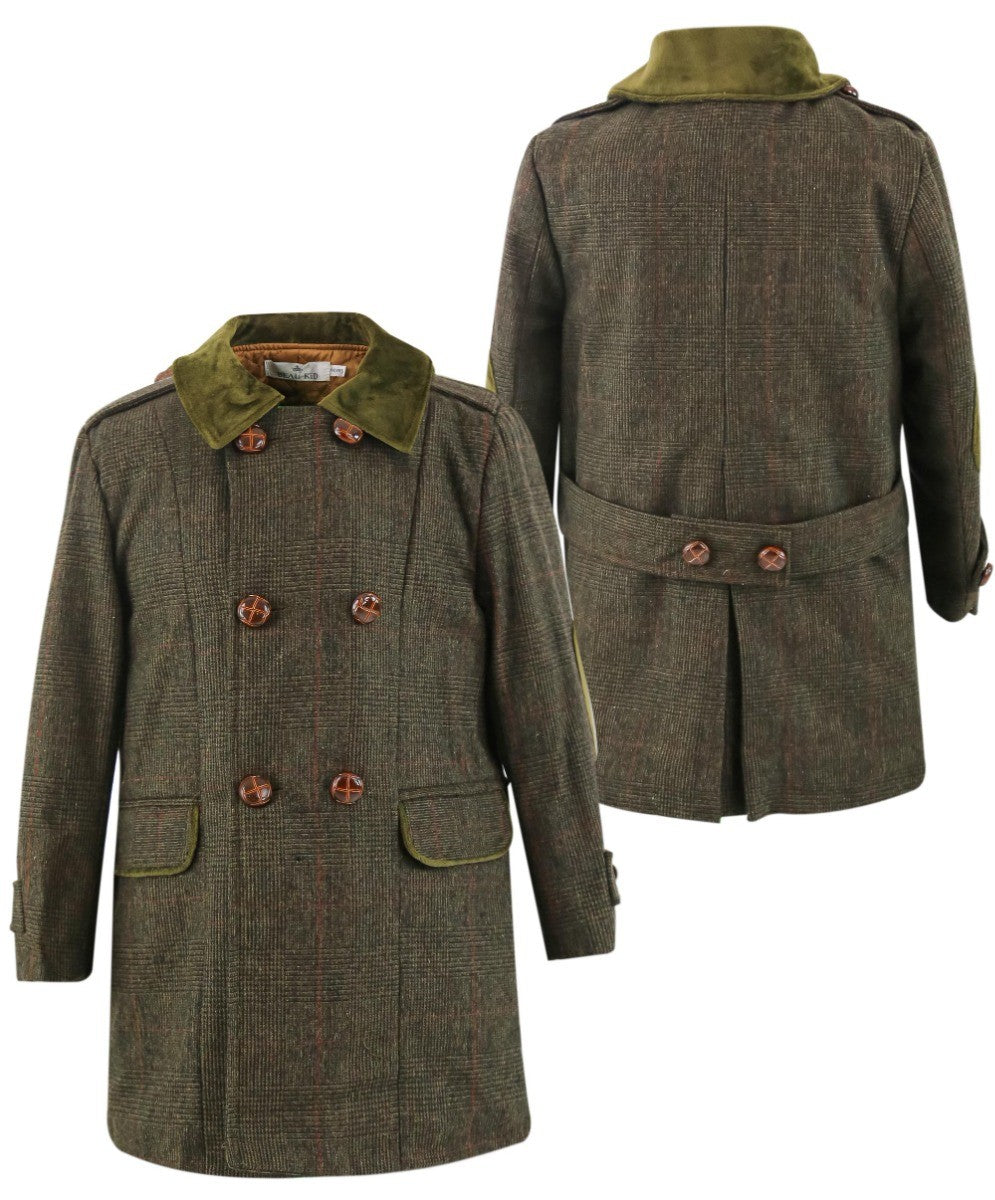 Baby Jungen Tweed Karo Doppelreihiger Mid-Length Mantel - Olivgrün