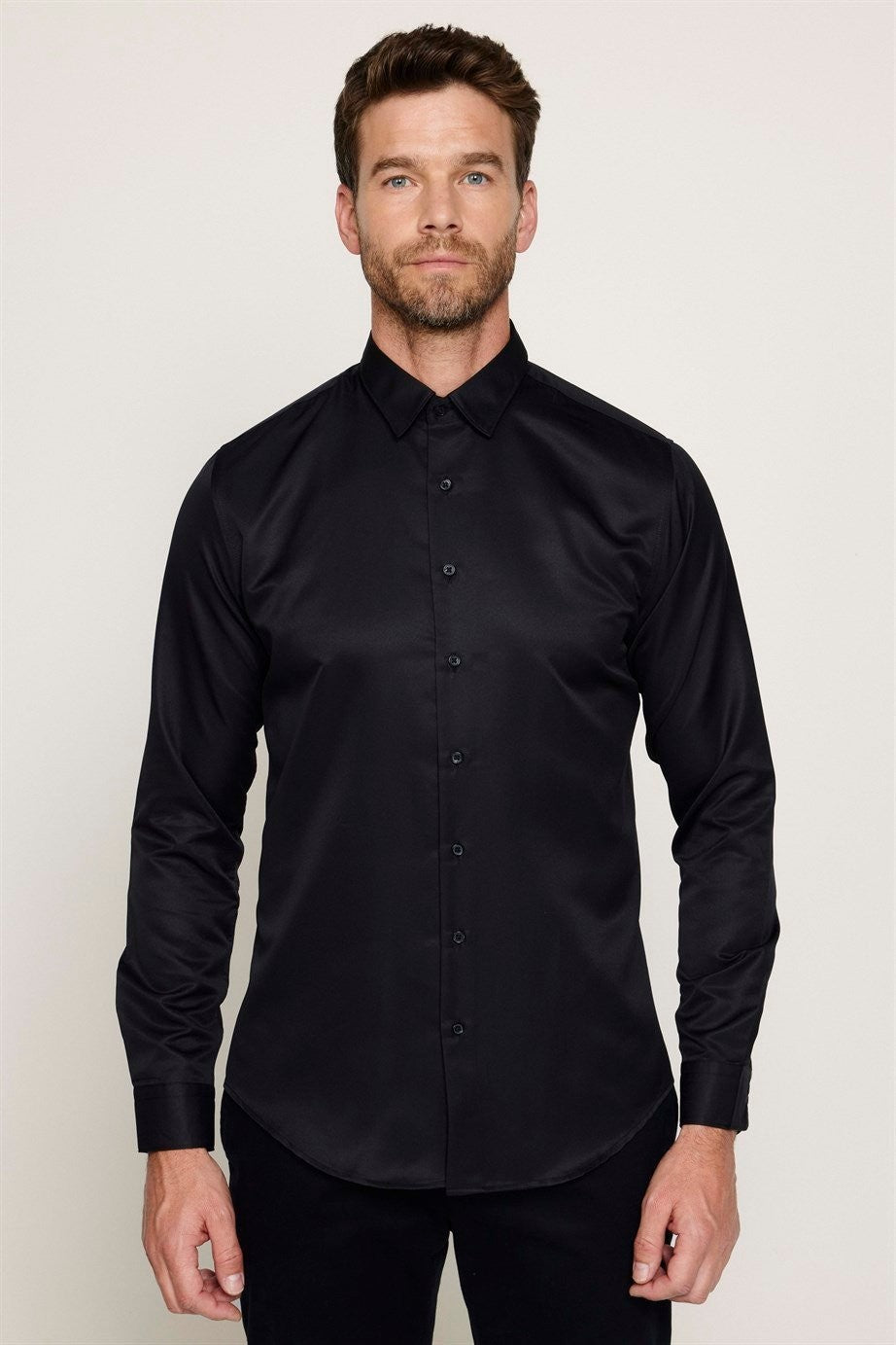 Herren Slim Fit Langarm Hemd - POLY - Schwarz