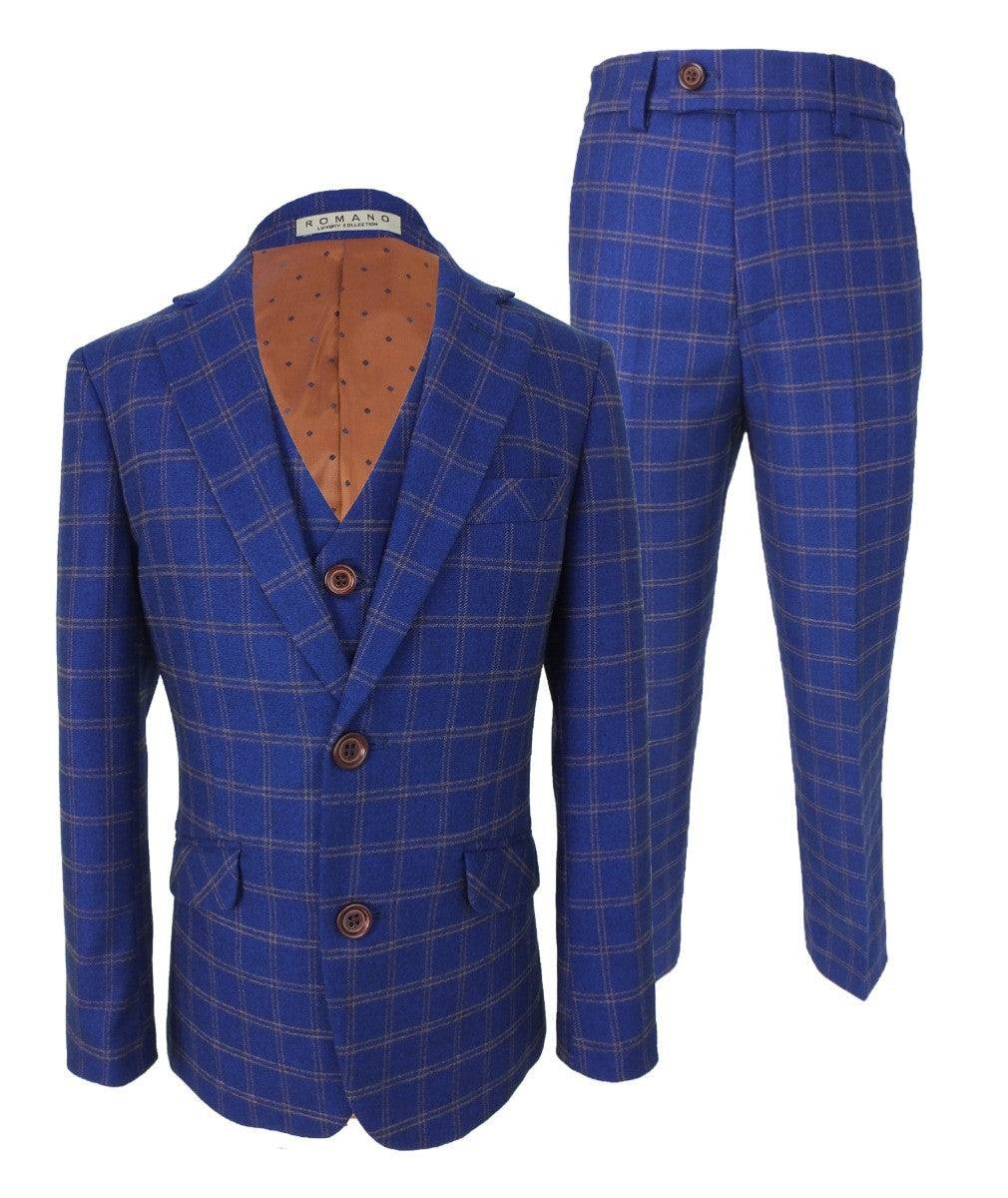 Costume à Carreaux Rétro Bleu Royal Slim Fit pour Garçons - Bleu Royal - Marron