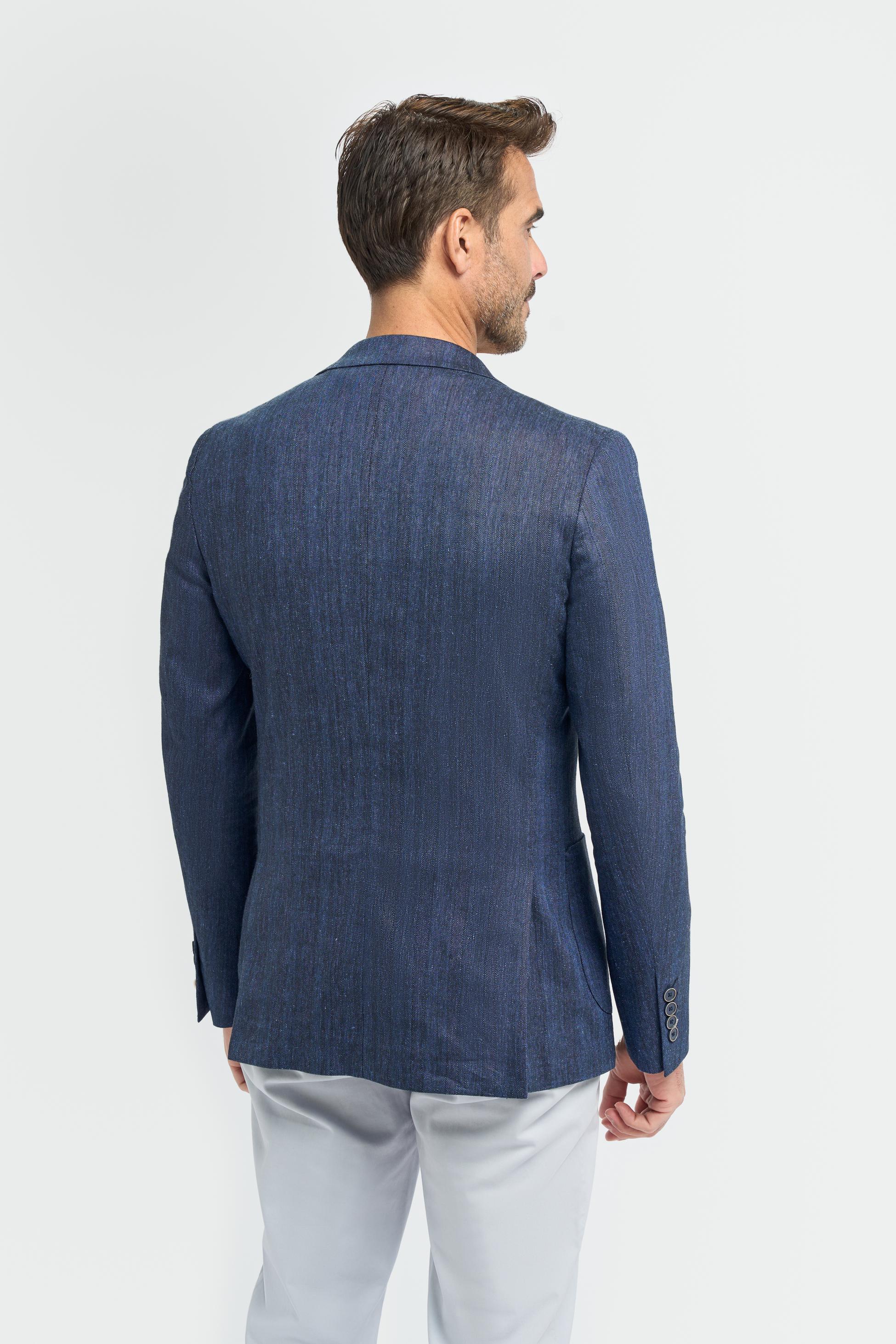 Blazer en lin à poche à rabat en herringbone pour hommes - Luigi - Bleu Marine