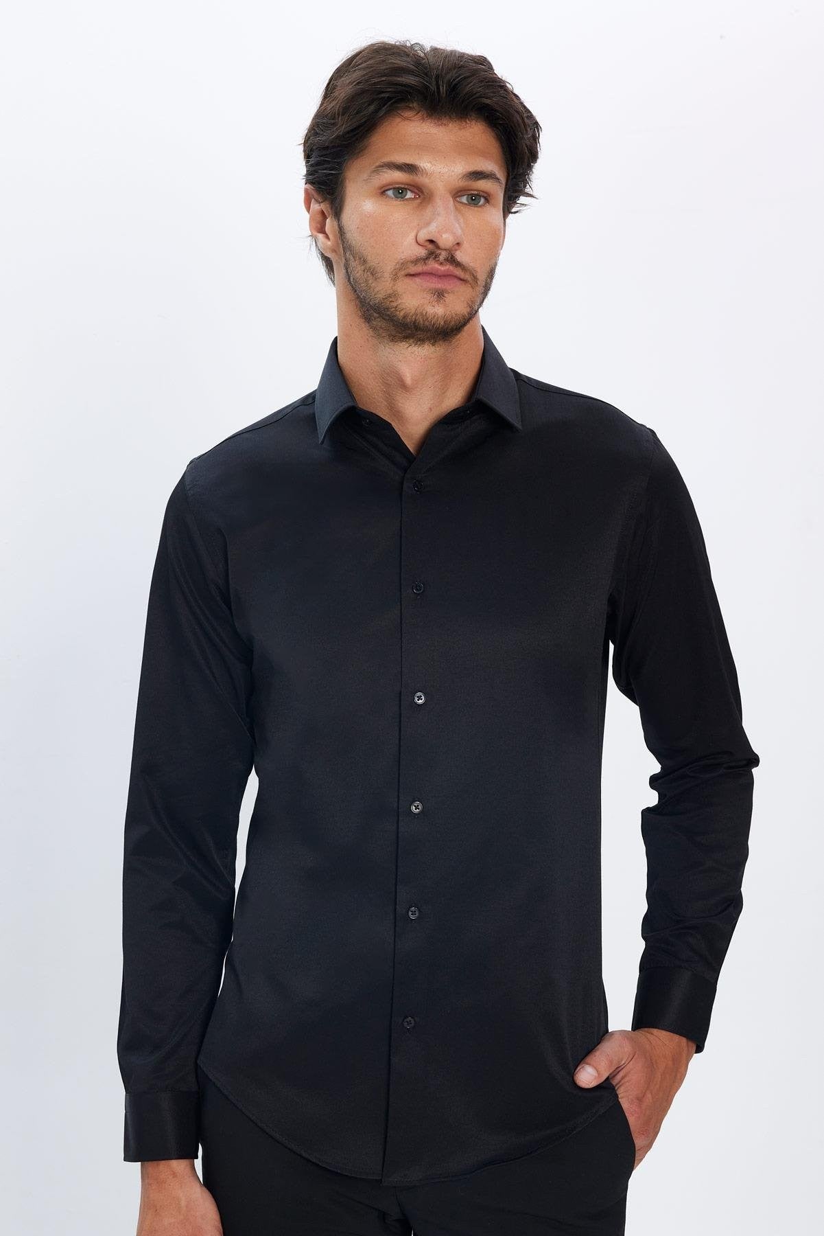 Herren Slim Fit Button-Down Baumwoll Mischung Hemd - Dimi Dotti - Schwarz