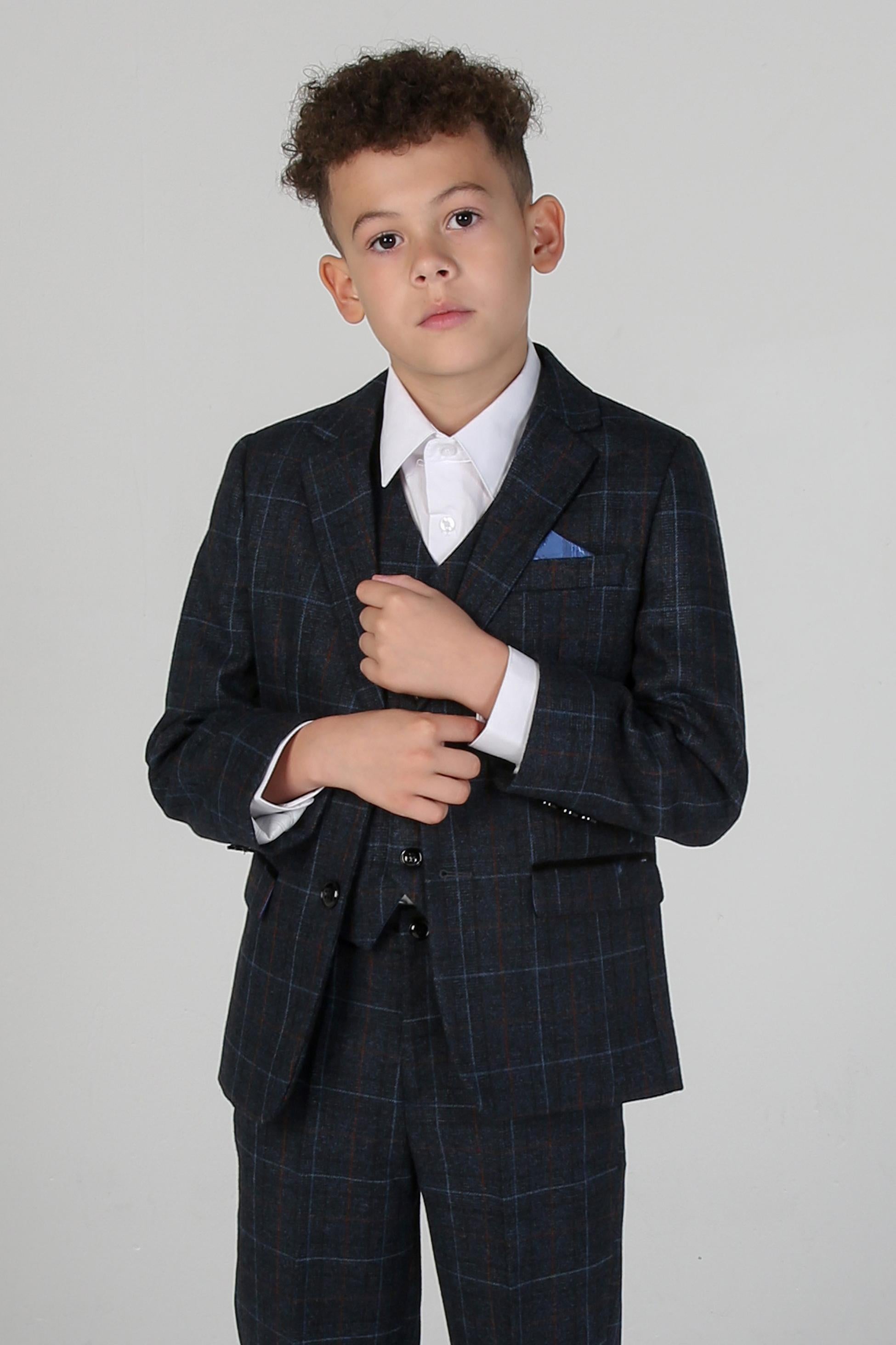 Costume à Carreaux Windowpane Tailored Fit pour Garçons - HARVEY - Bleu Marine