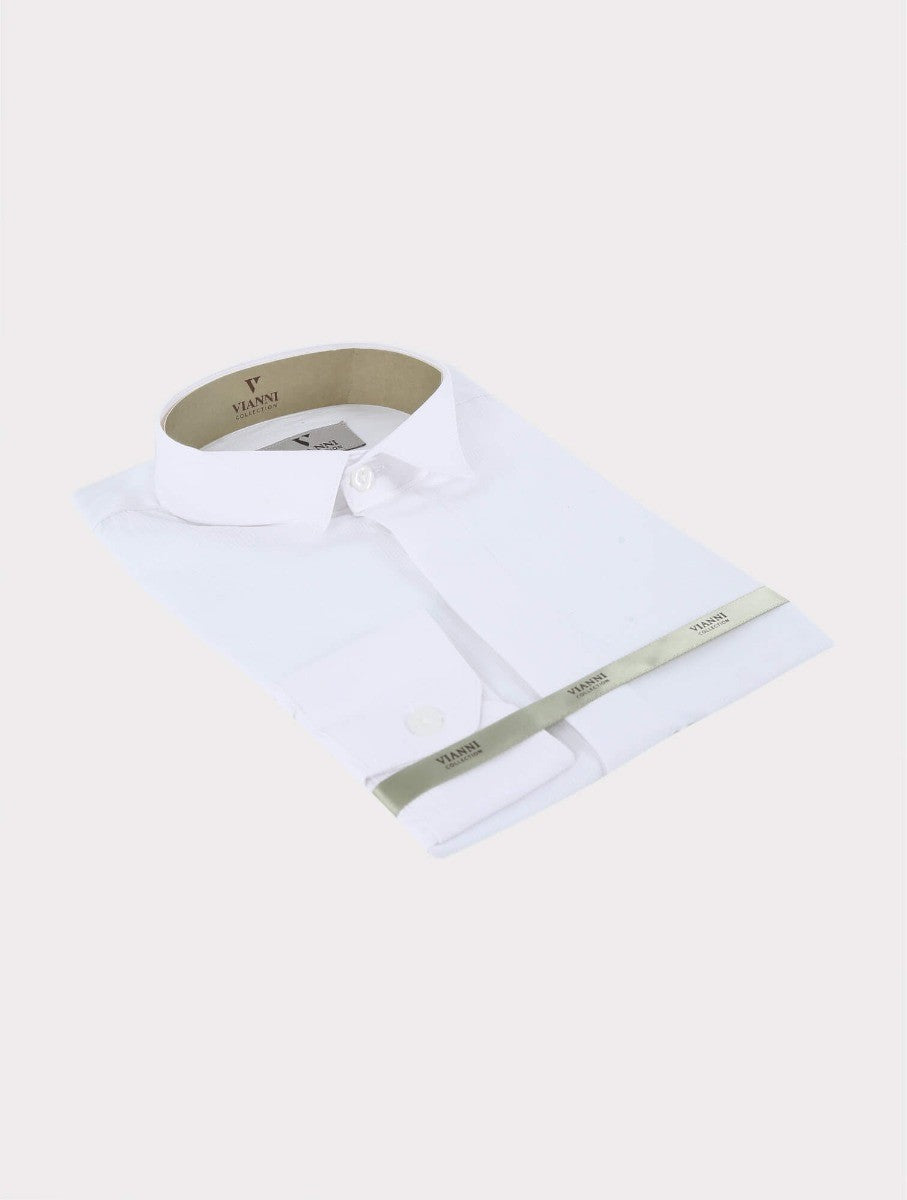 Boys Self Striped Wing Collar White Shirt - White