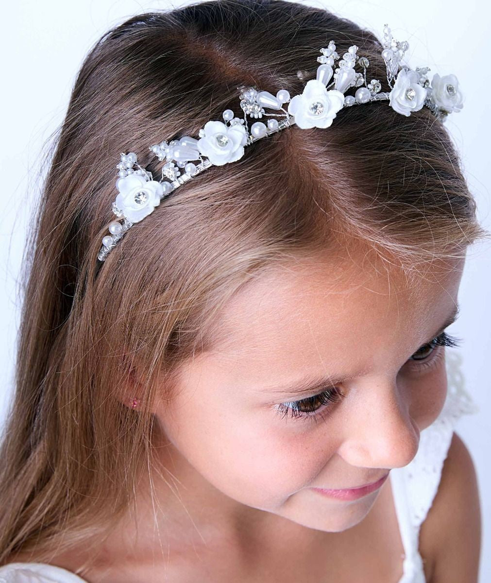 Couronne de tiara florale argentée avec perles pour filles - Dubaï