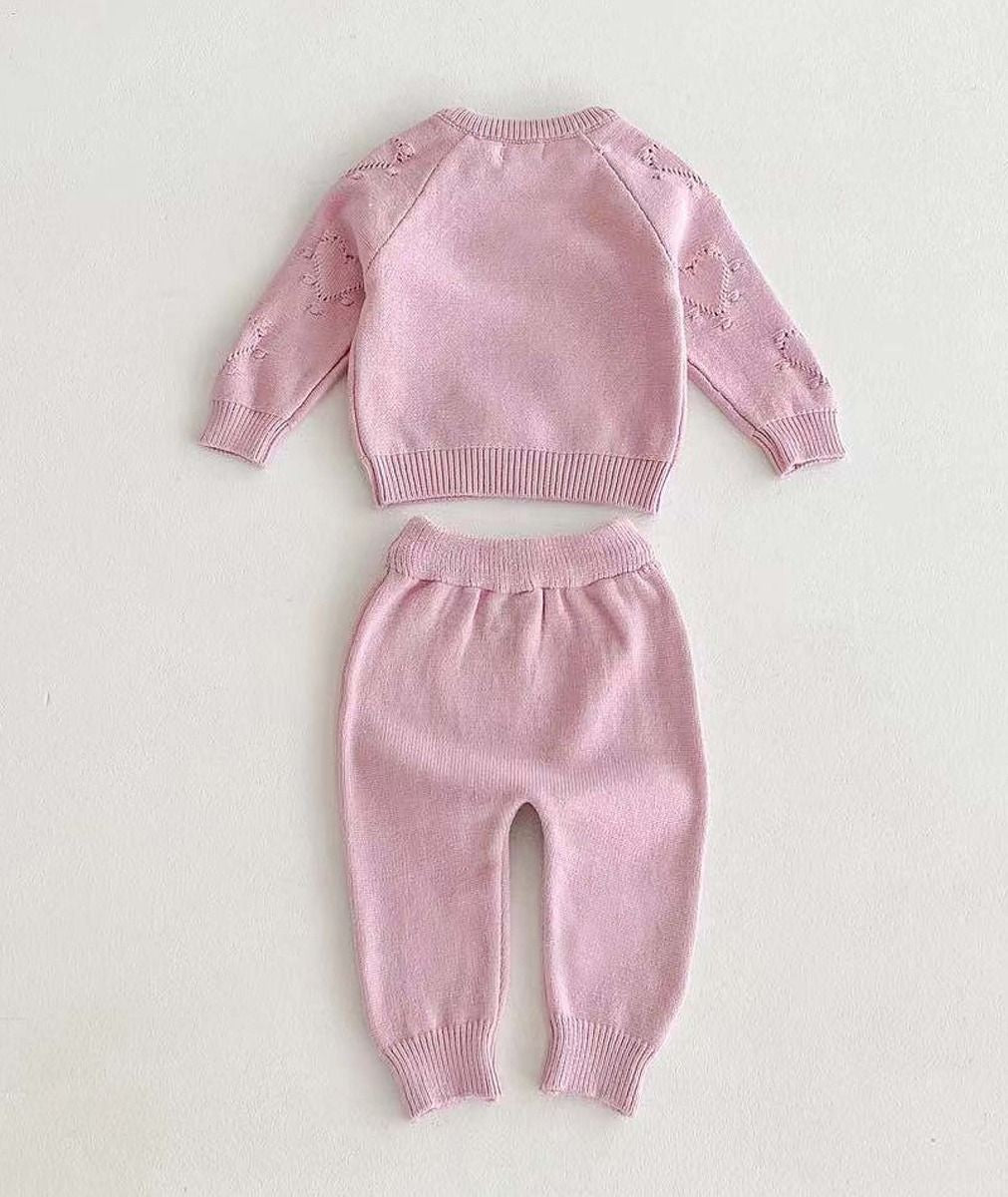 Baby Mädchen Herzmotiv Strickpullover & Leggings Set - 2407 - Rosa