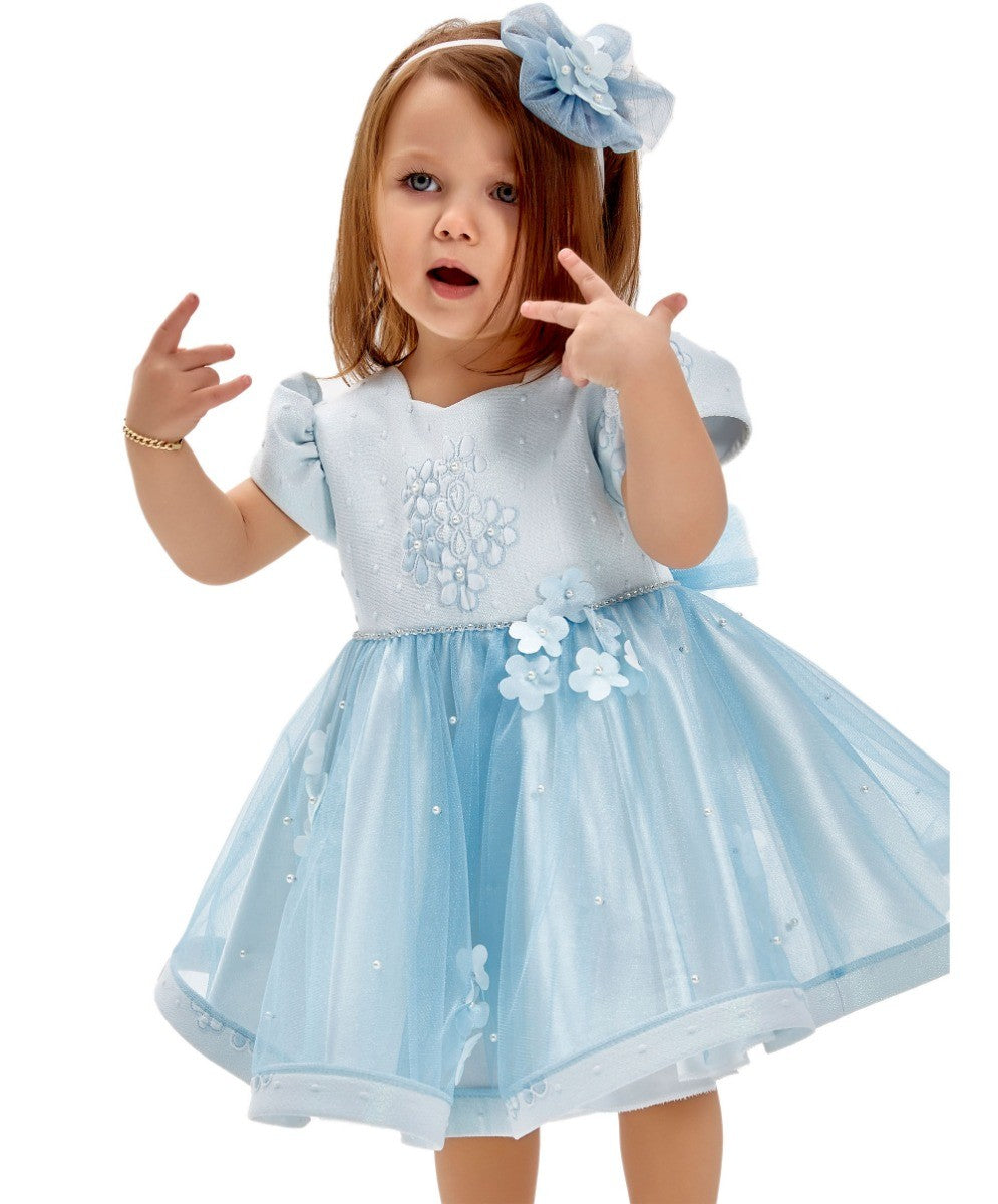 Baby Girls Short Puffy Sleeves Blue Dress - Baby Blue