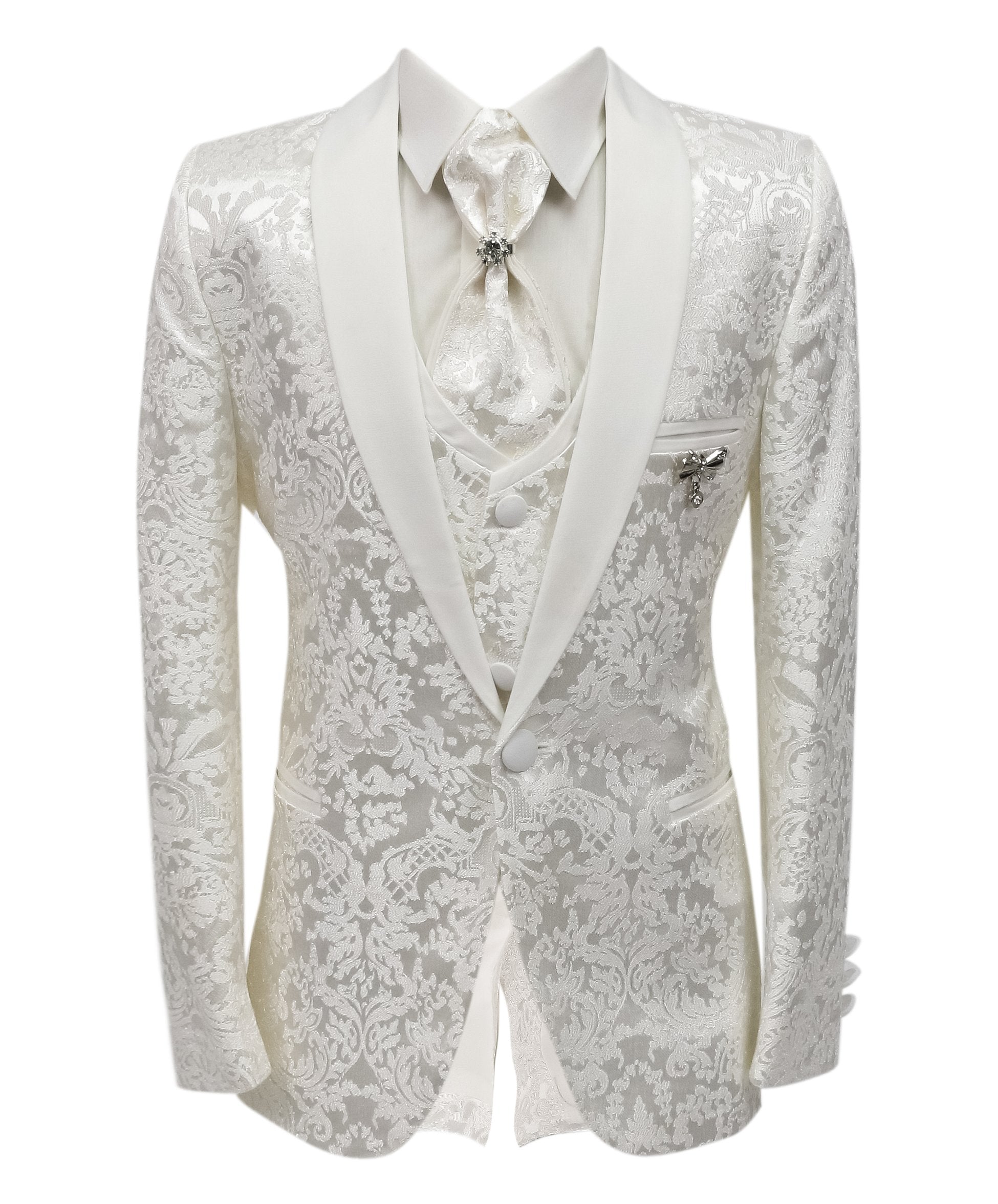 Boys’ 5 Piece Ivory Floral Paisley Communion Tuxedo Suit - Ivory