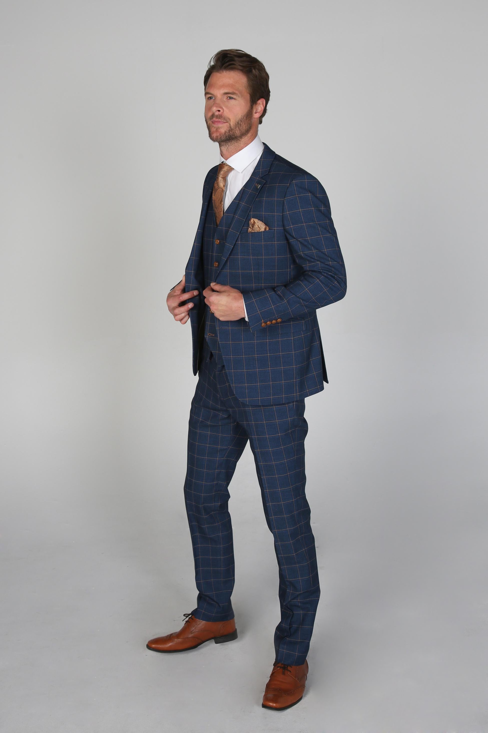 Men's Tailored Fit Windowpane Check Suit Jacket - HAMLEYS - Navy Blue