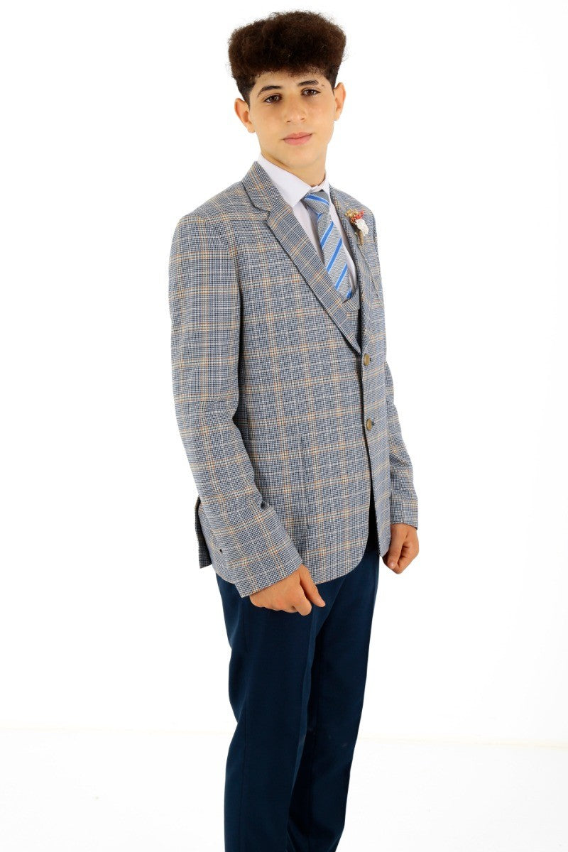 Jungen Windowpane Karo Slim Fit Anzug - Blau