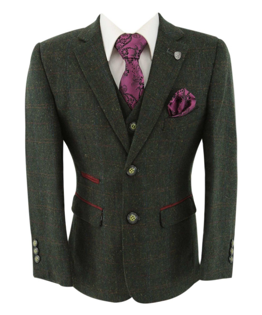 Boys Tweed Check Tailored Fit Suit - JOSHUA Green - Dark Green