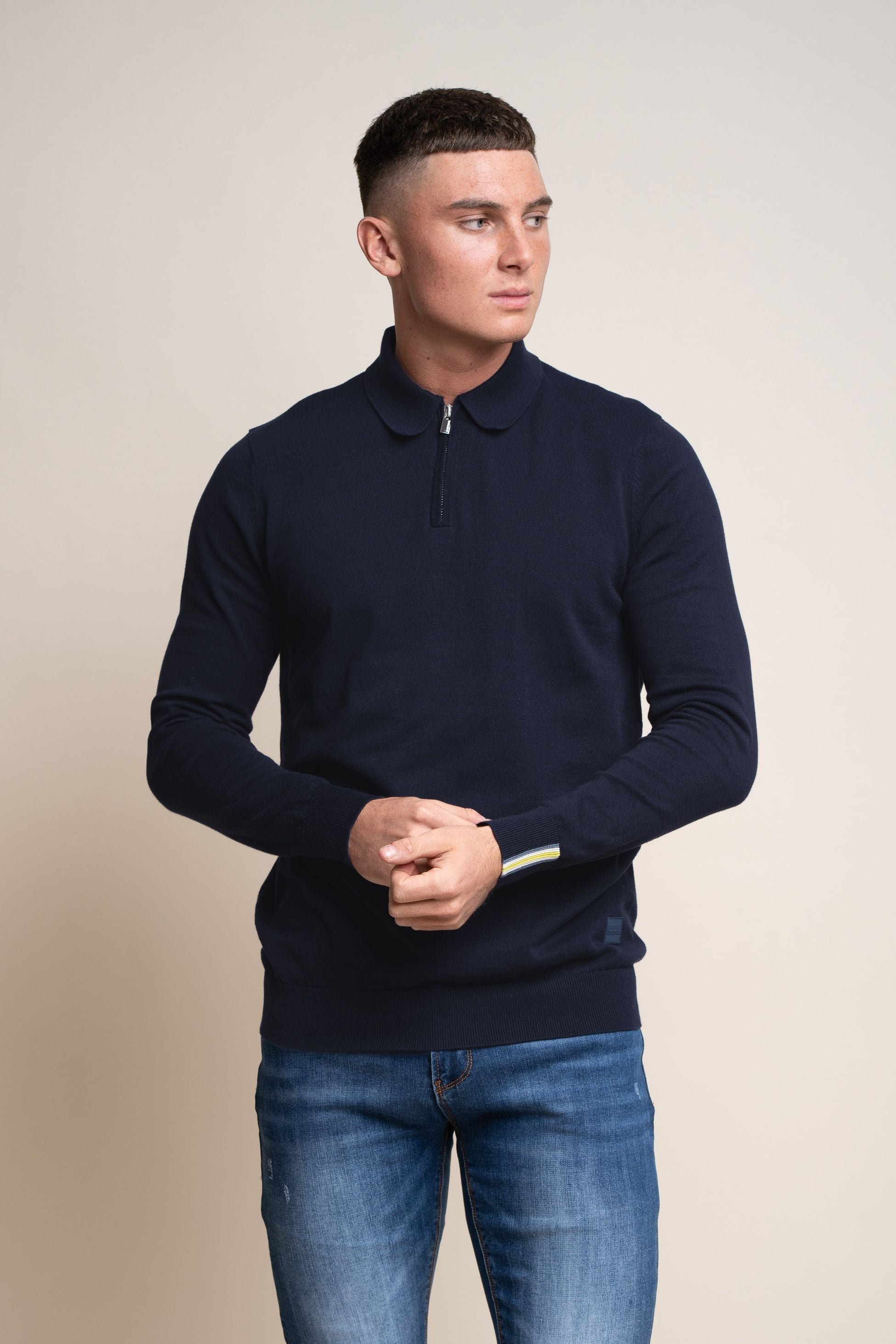 Pull en coton à col montant et zip quart pour hommes - Falcao - Bleu Marine