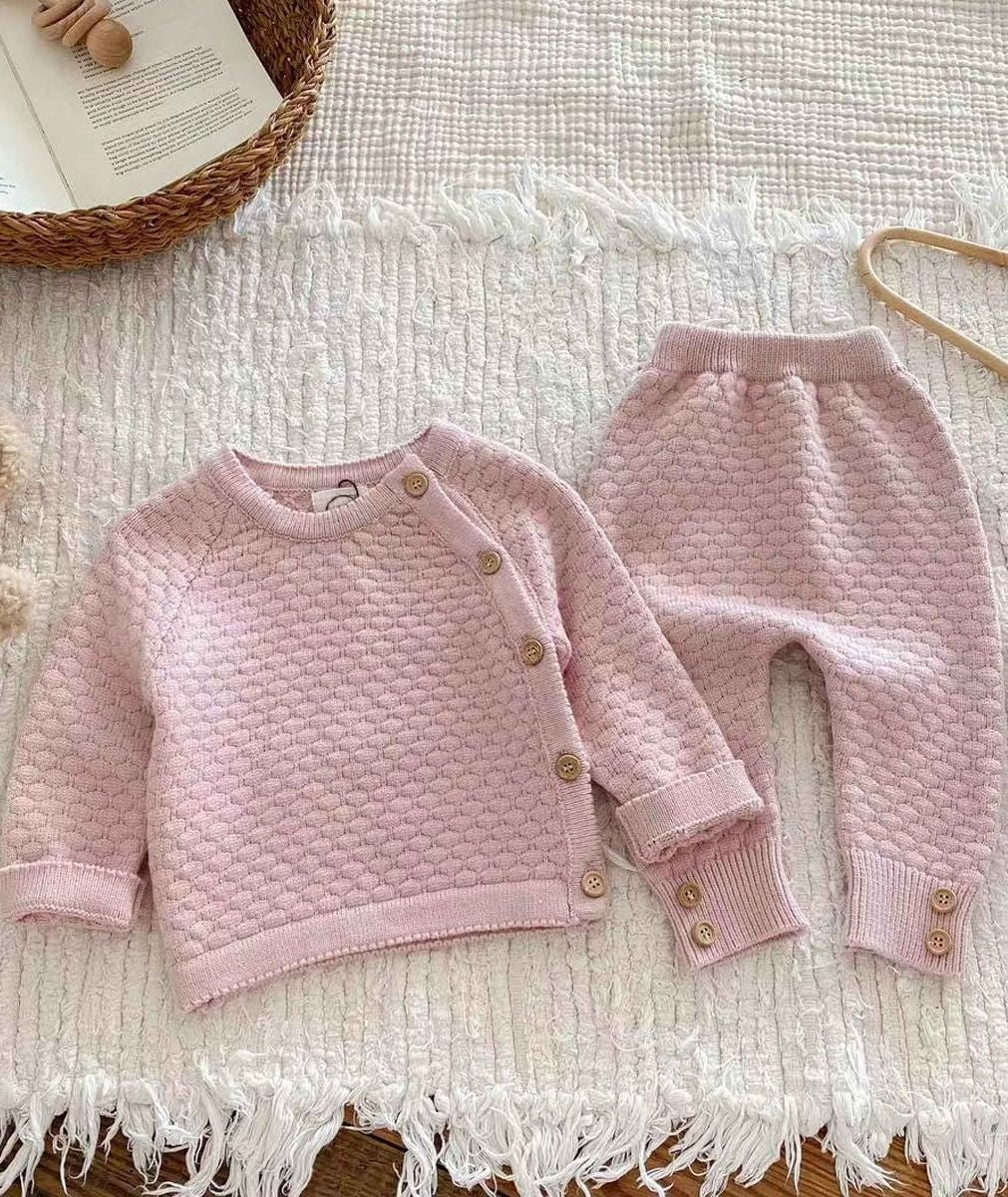 Ensemble de pull tricoté en nid d'abeille et leggings pour bébés filles - 2403 - Rose