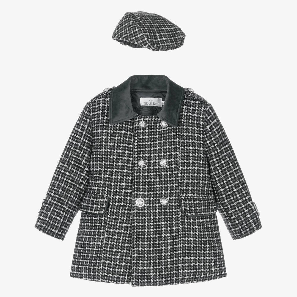 Ensemble Manteau en Tweed à Pied-de-Poule avec Casquette pour Garçons - Gris Charbon