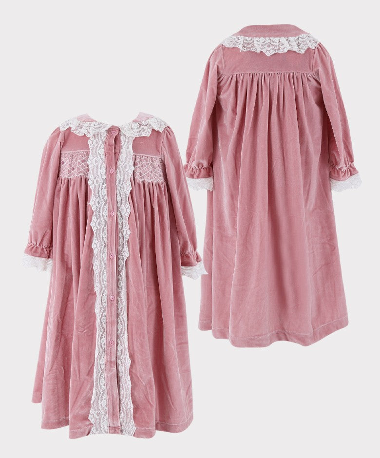 Ensemble de Robe de Nuit en Velours Smocké 2 Pièces pour Filles - Rose