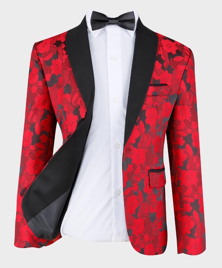 Boys Tailored Fit Floral Patterned Tuxedo Suit - Red- Black