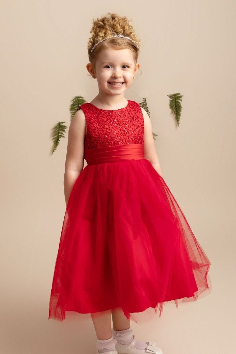 Robe avec Corsage Fleuri et Nœud pour Filles - PC-1025 - Rouge