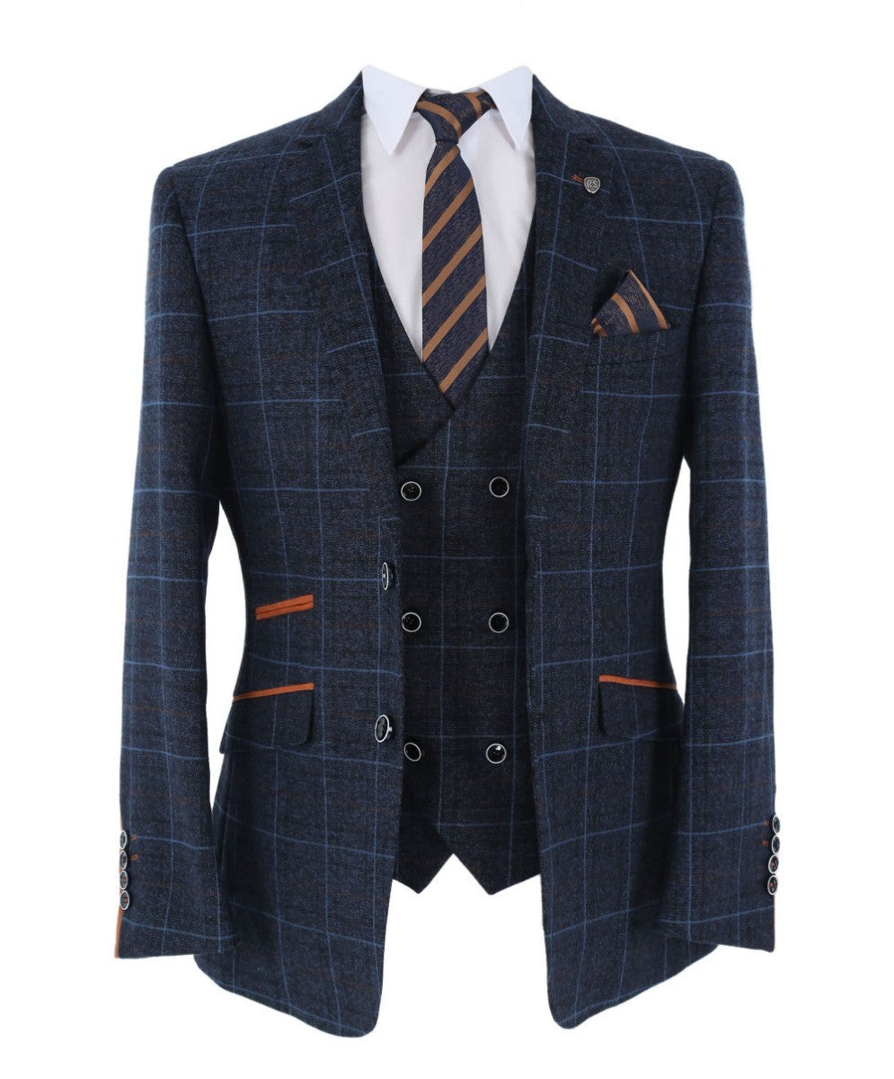 Men's Tailored Fit Retro Check Suit - ANTHONY NAVY - Navy Blue