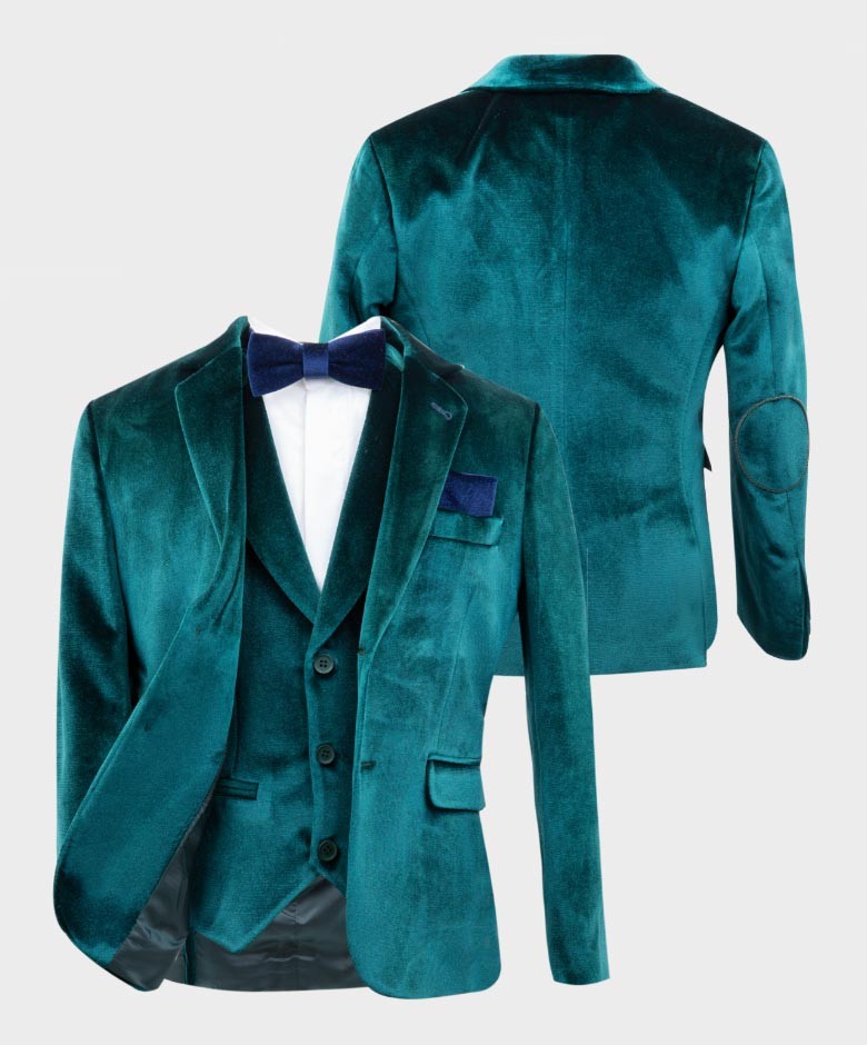 Costume en Velours Tailored Fit avec Patte de Coude pour Garçons - Vert