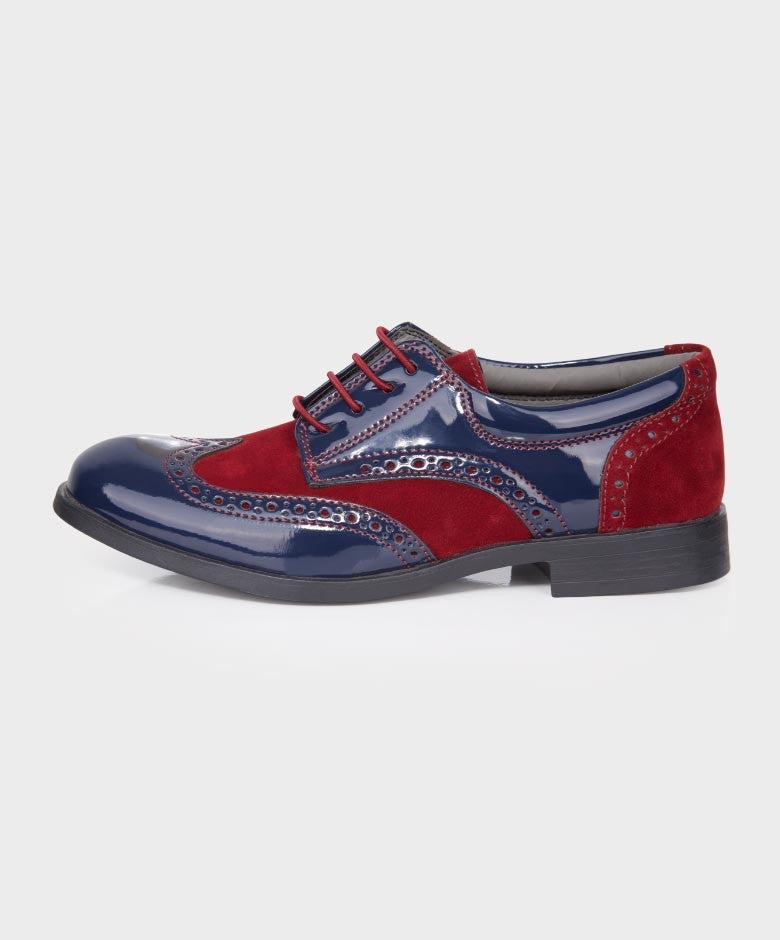 Chaussures Derby Brogue en Cuir Verni et Suède pour Garçons - Bleu Marine - Bordeaux