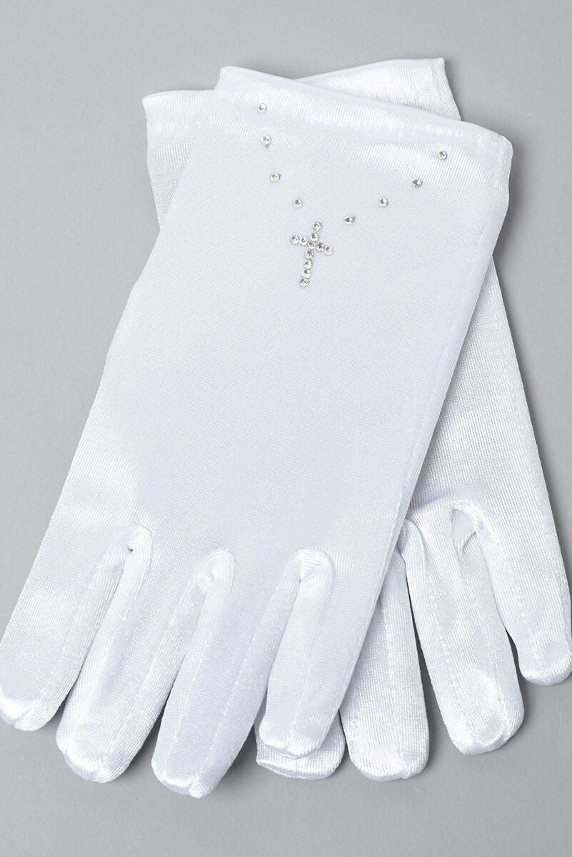 Girls' White Satin Gloves with Rhinestone Cross - JASMINE - White