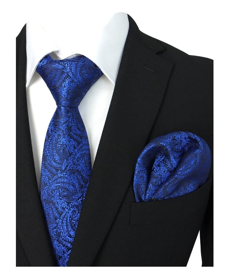 Ensemble Cravate et Mouchoir à Motifs Paisley pour Garçons et Hommes - Bleu Royal