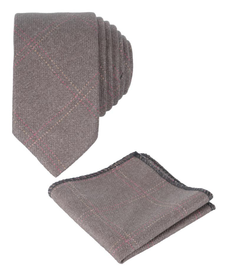 Ensemble Cravate Fine en Tweed à Carreaux pour Garçons et Hommes - Marron Clair