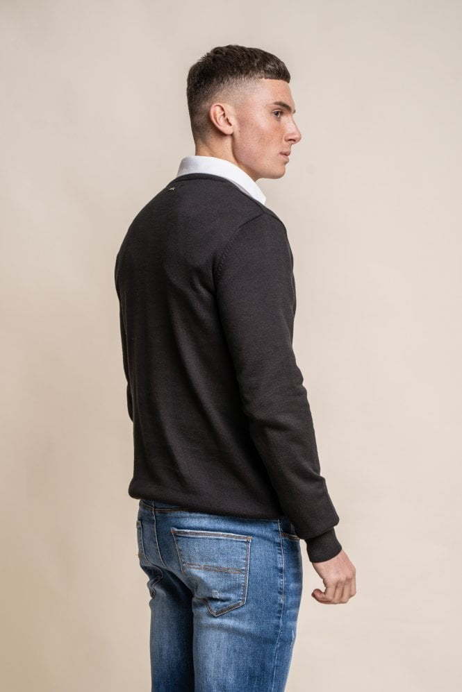 Pull en coton ajusté à col rond pour hommes - Noir