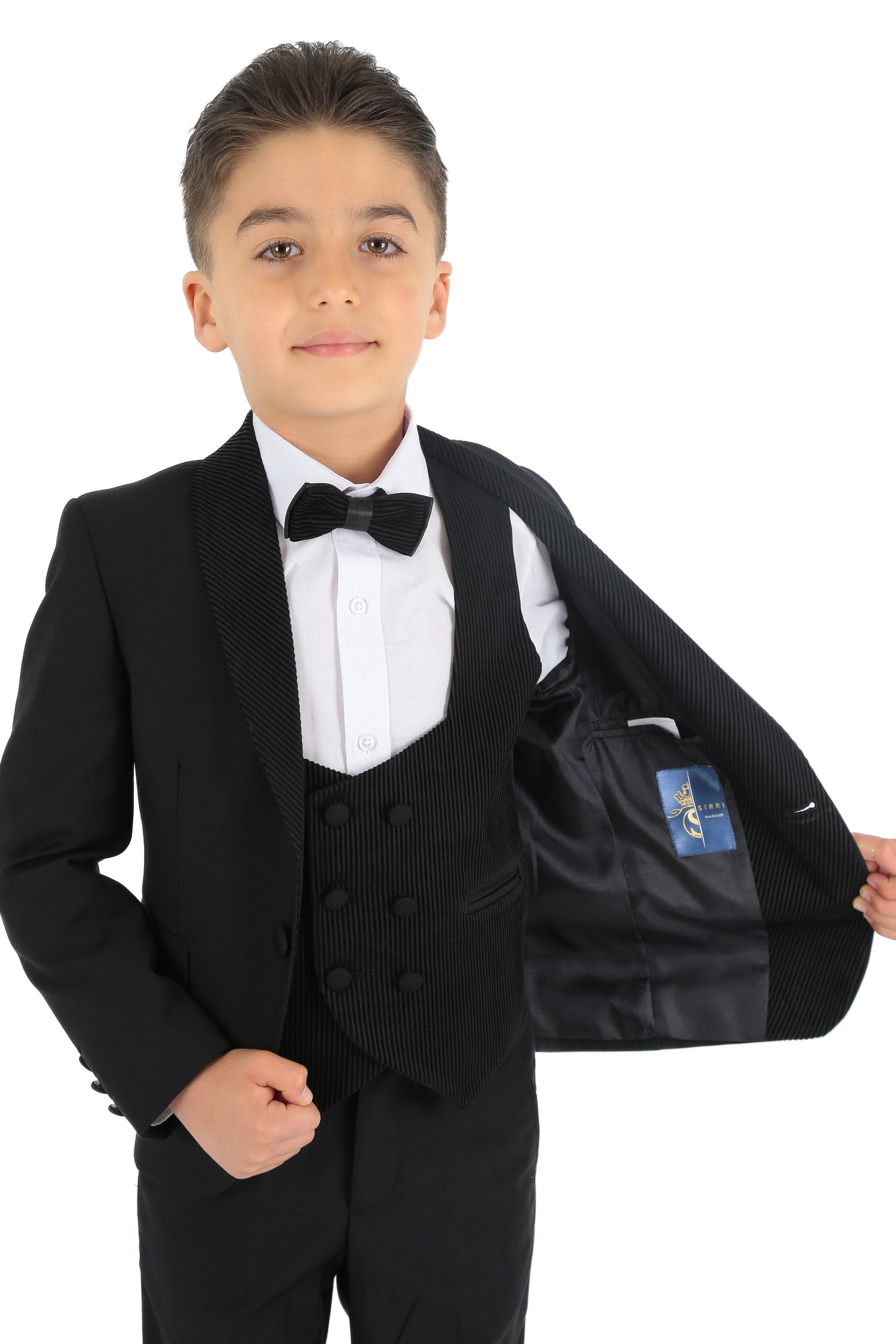 Jungen Smokinganzug - Cord Samt Weste & Shawl Revers - Schwarz