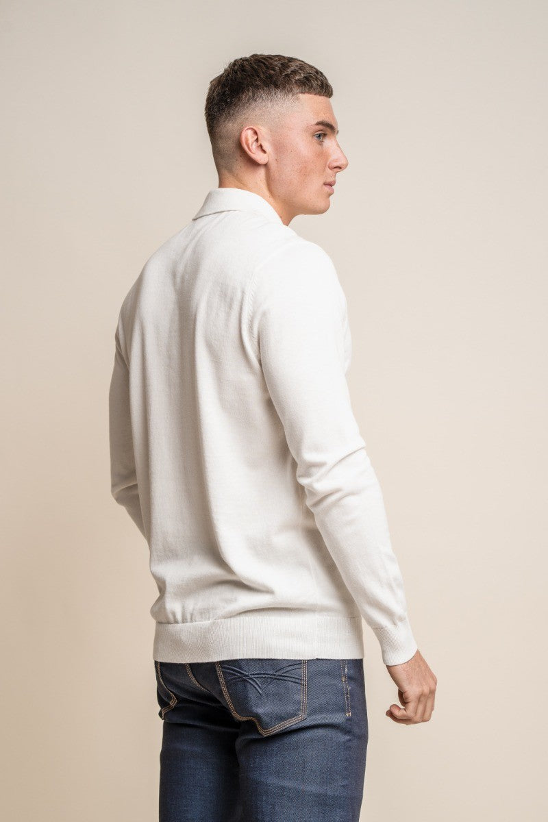 Pull en coton à col montant et zip quart pour hommes - Falcao - Ecru