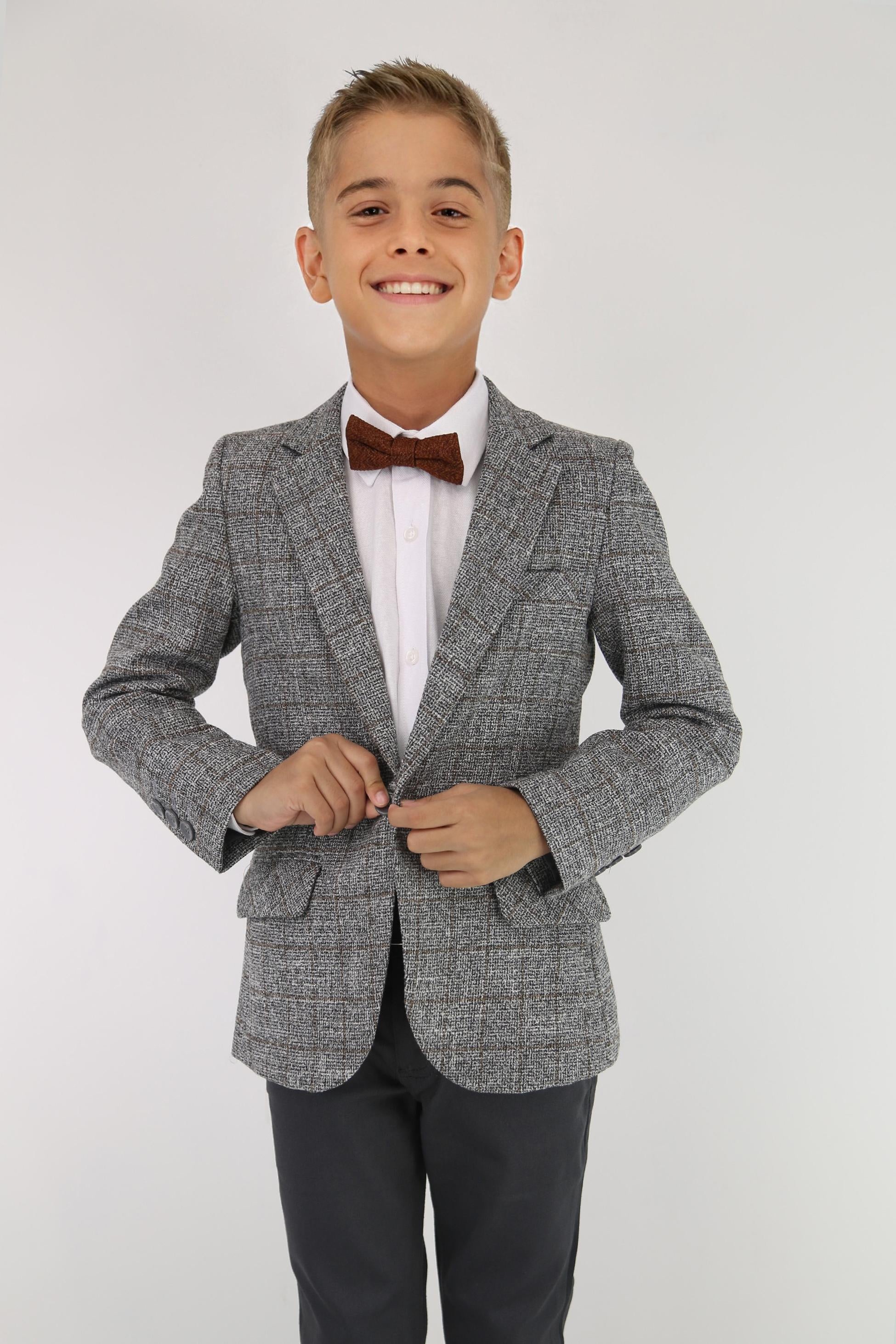 Jungen Baumwoll-Mischgewebe Tweed-ähnlicher Karo Blazer - Grau