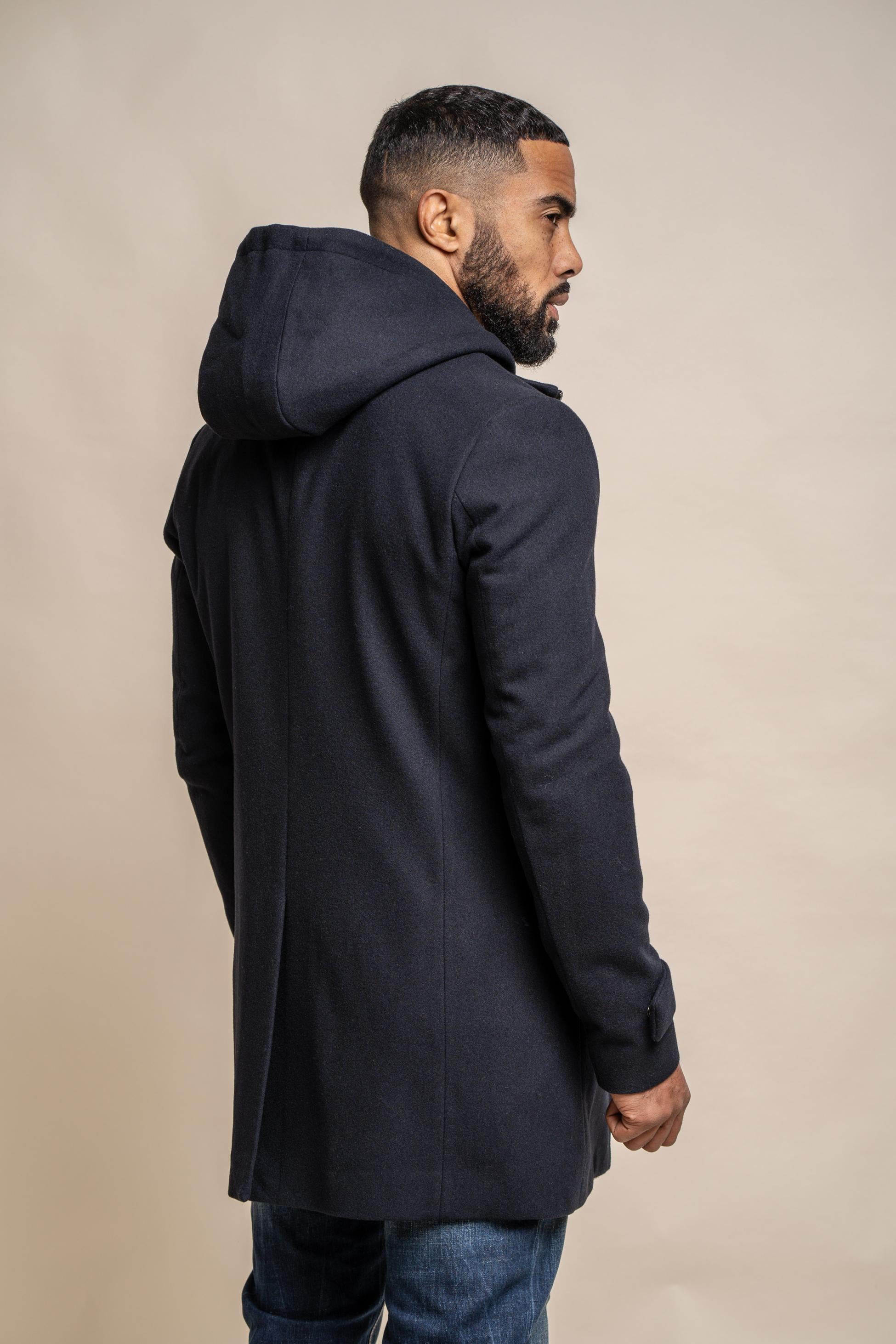 Men's Wool Blend Hooded Coat - MICHIGAN - Navy Blue