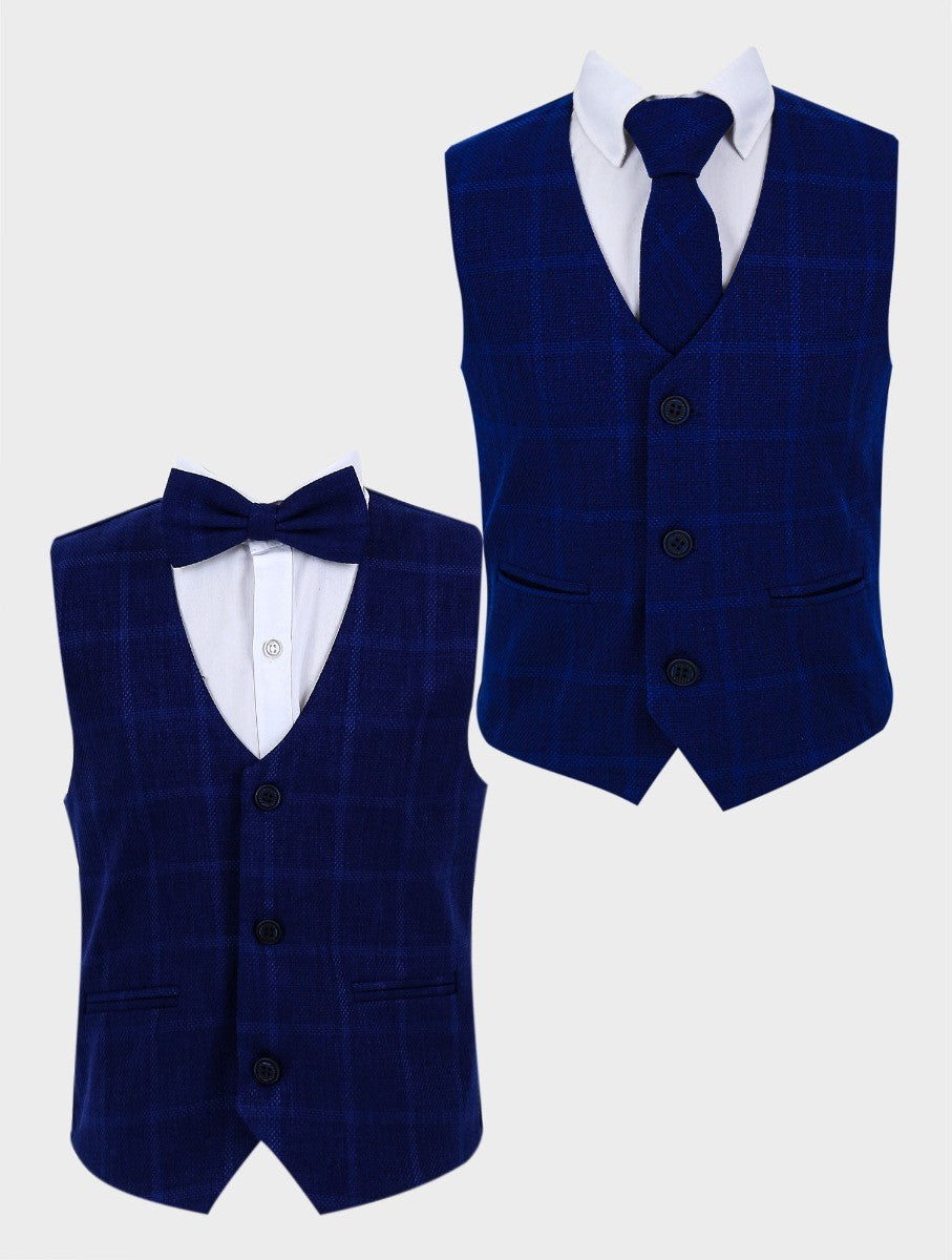 Boys Tweed Windowpane Check Cotton Waistcoat - Navy Blue