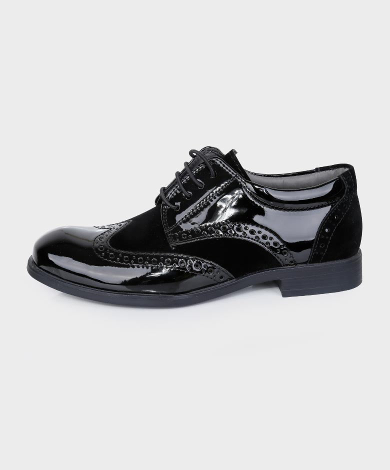 Chaussures Derby Brogue en Cuir Verni et Suède pour Garçons - Noir