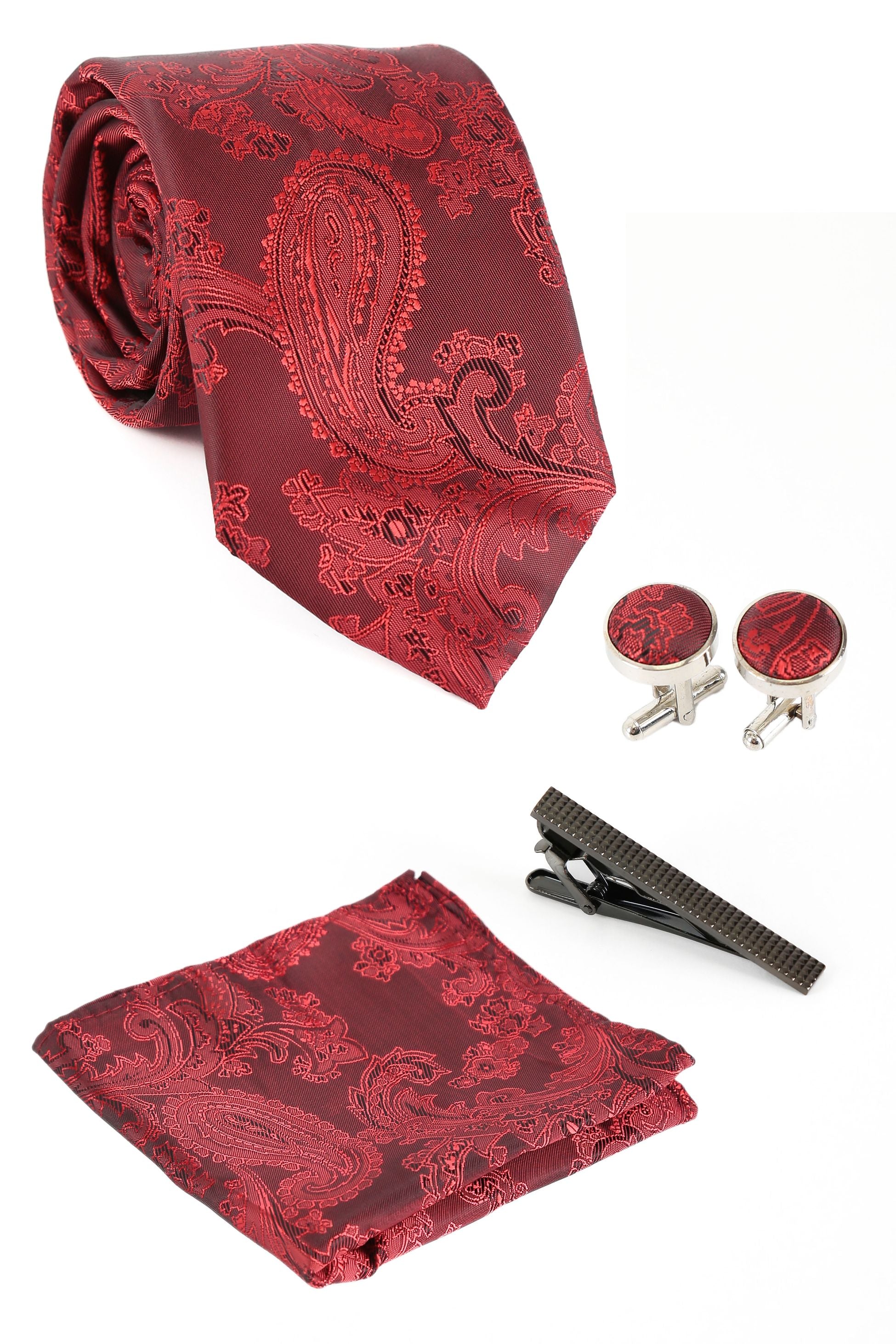 Ensemble cravate et boutons de manchette paisley pour hommes - Rouge