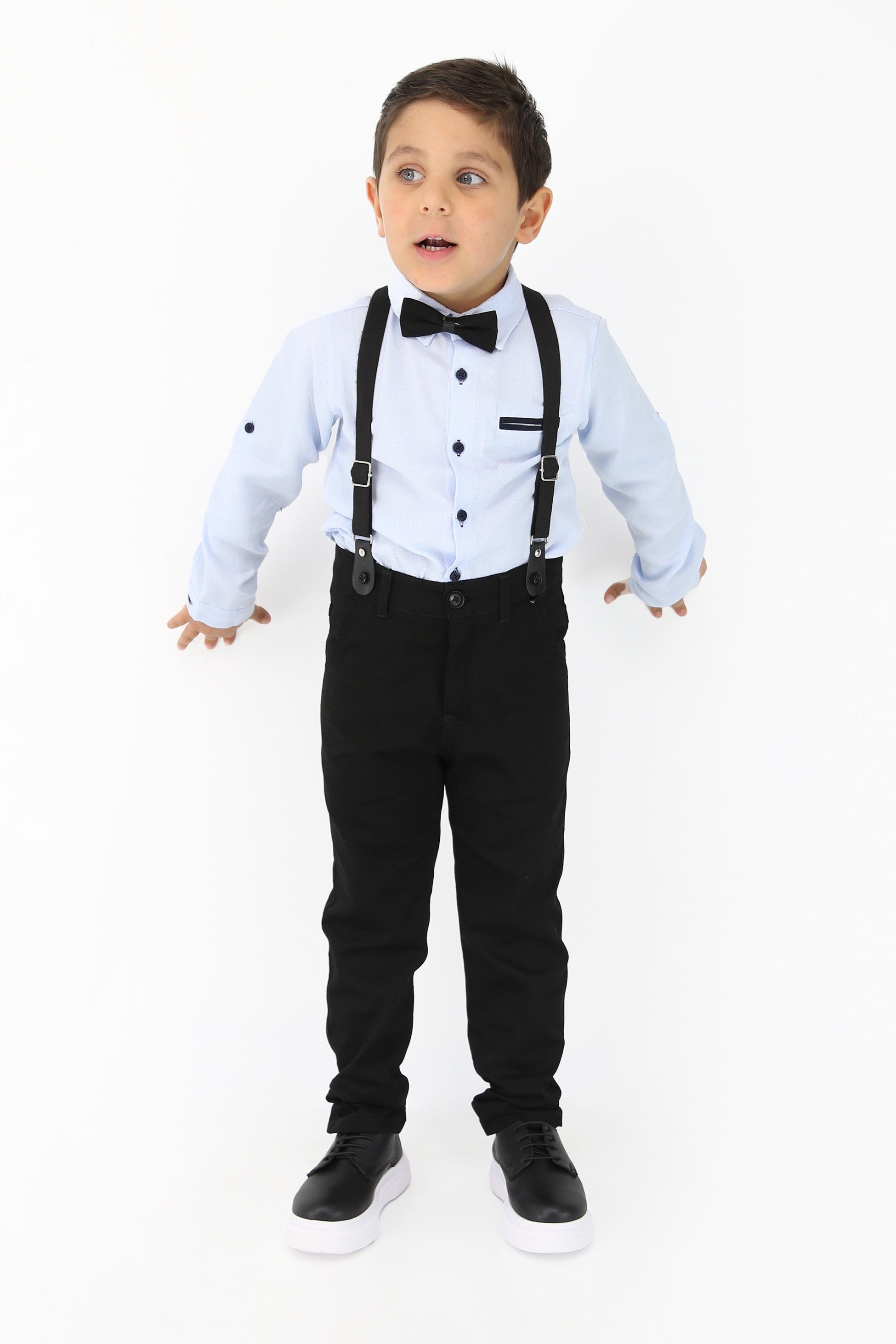 Baby & Jungen Gentleman Outfit - 4-teilige Hosensatz mit Trägern - OXFORD - Hellblau - Marineblau