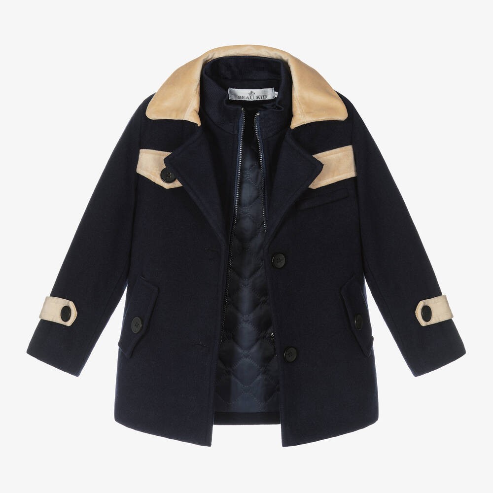 Boys Navy Blue Pea Coat & Cap - Navy Blue