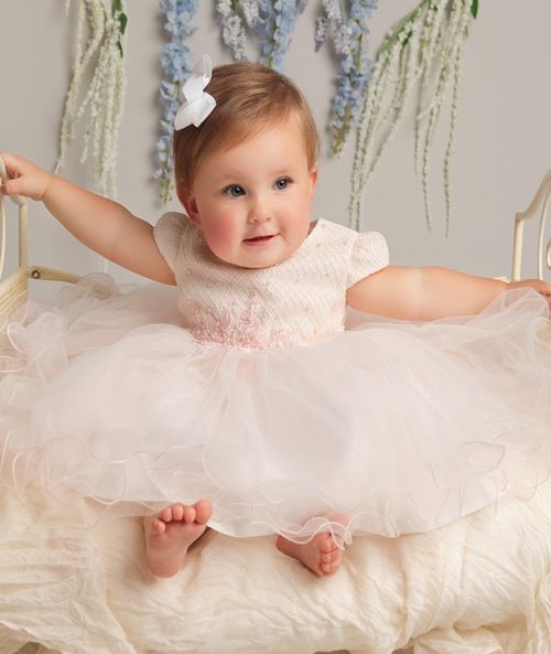 Robe en dentelle avec bordure froncée pour filles et bébés - AMARA - Rose Blush