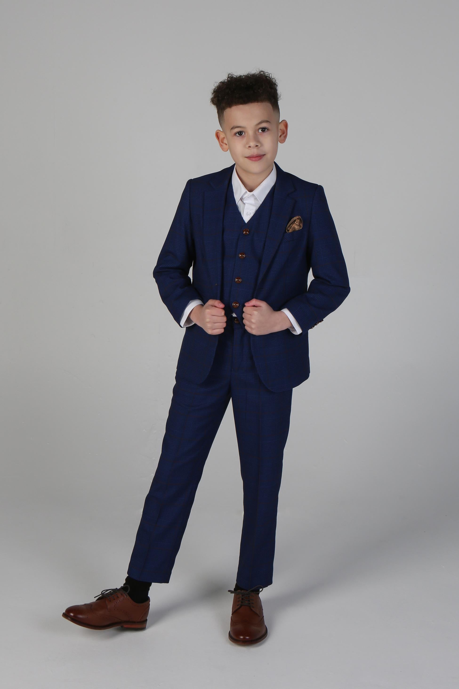 Jungen Tweed Karo Schlank geschnittener Navy Anzug - ALEX - Royalblau