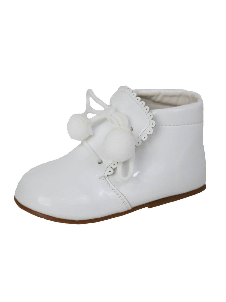 Baby Girls Pom Pom Patent Booties - White