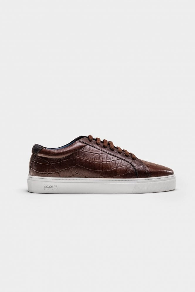 Men's Genuine Leather Crocodile Lace Up Sneakers - CROC - Brown